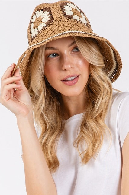Floral Granny Square Crochet Straw Bucket Hat - RARA Boutique 