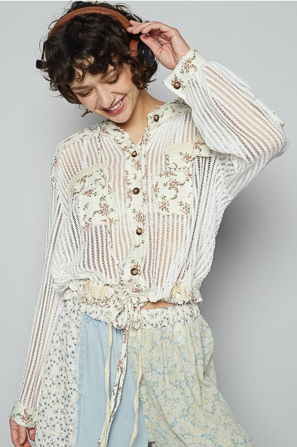 RARA Boutique floral patch open knit crochet hoodie jacket showcasing colorful floral patches and a lightweight, open-knit design.