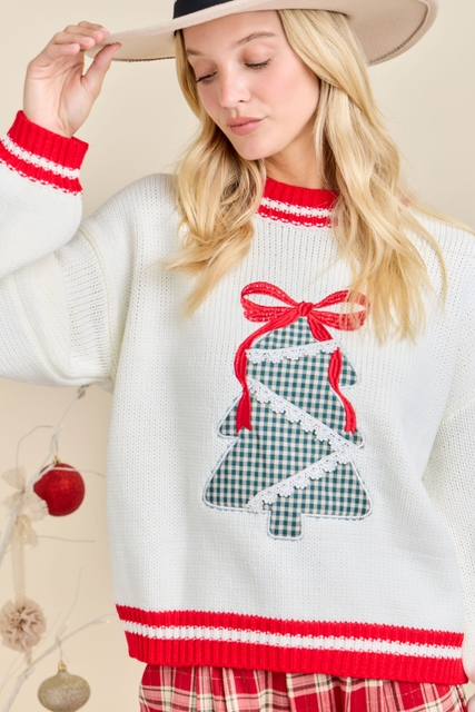 Gingham Christmas Tree Patchwork Sweater with Embroidered Bow - Main Strip - RARA Boutique 