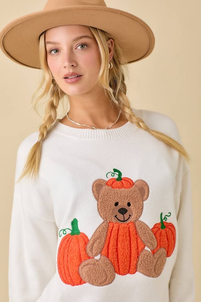 Textured Pumpkin Teddy Bear Embroidered Patchwork Sweater - Main Strip - RARA Boutique 