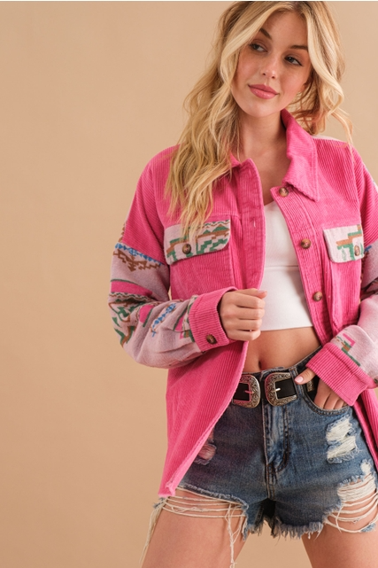 Aztec Contrast Sleeve Corduroy Button Up Shirt Jacket - Blue B - RARA Boutique 