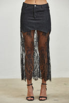 Layered denim lace contrast midi skirt by RARA Boutique, featuring a stylish design with tiered denim and lace details.