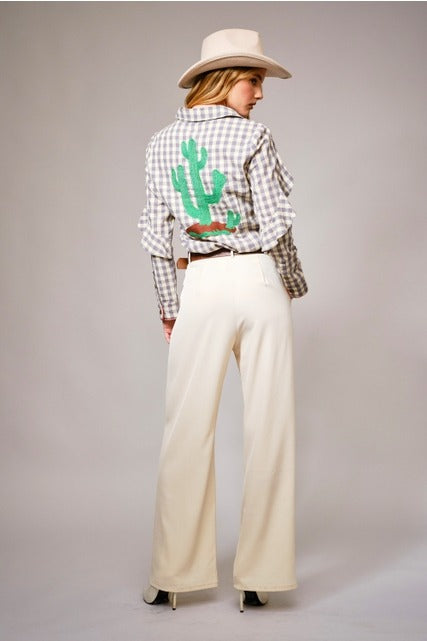 Long-Sleeve Gingham Western Embroidered Button Down Blouse - Blue B - RARA Boutique 