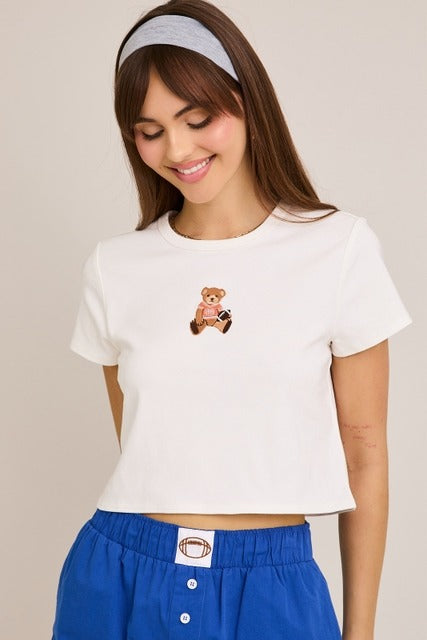 Embroidered Football Teddy Bear Baby Tee - Le Lis - RARA Boutique 