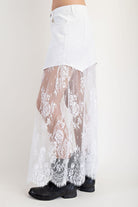 Layered denim lace contrast midi skirt from Edit by Nine, featuring a stylish combination of denim and lace detailing.