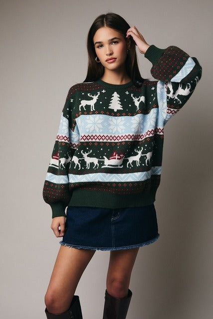Reindeer Fair Isle Balloon Sleeve Christmas Sweater - Sunday Edition - RARA Boutique 