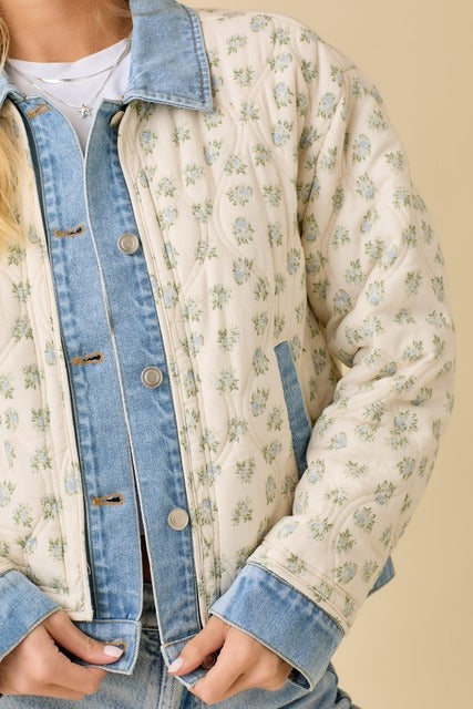 Floral Print Quilted Denim Jacket - Main Strip - RARA Boutique 
