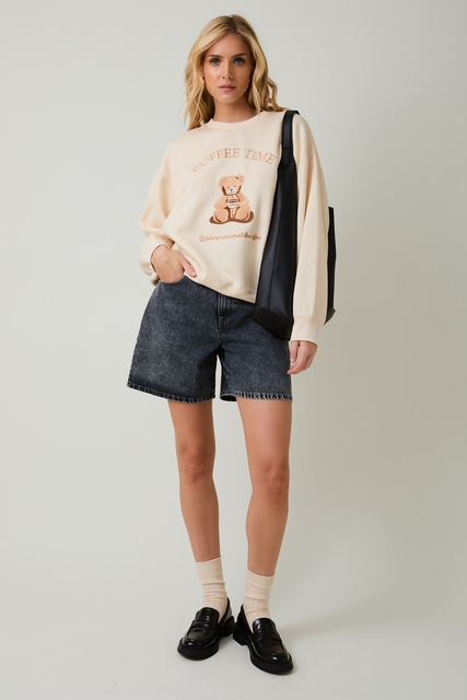 Coffee Time Teddy Bear Embroidered Crewneck Sweatshirt - Sunday Edition - RARA Boutique 