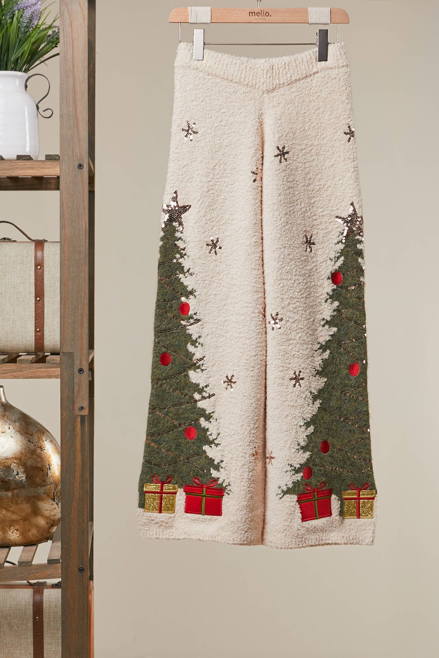Mello Christmas tree sweater pants featuring festive holiday tree patterns on soft, cozy fabric for seasonal comfort.