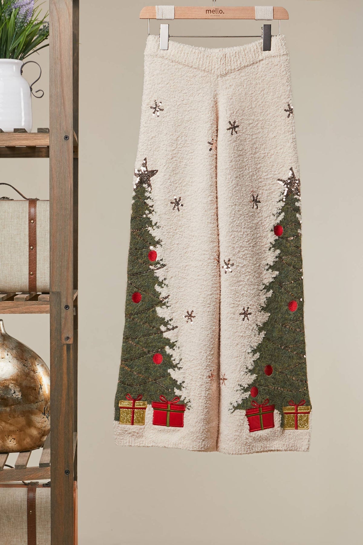 Mello Christmas tree sweater pants featuring festive holiday tree patterns on soft, cozy fabric for seasonal comfort.