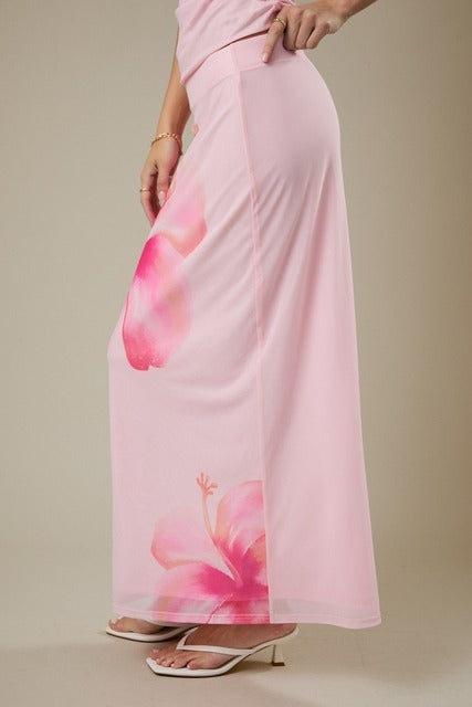 Tropical Hibiscus Floral Mesh Midi Skirt by RARA Boutique, featuring colorful hibiscus print and lightweight mesh fabric.