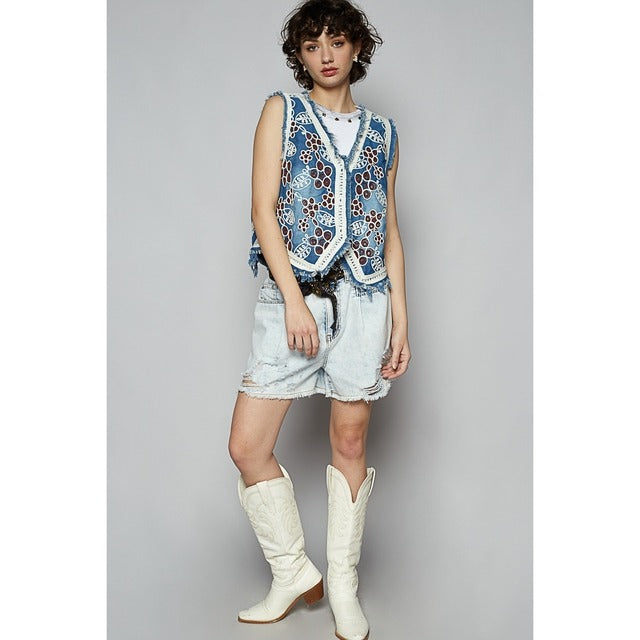 RARA Boutique embroidered floral frayed hem denim vest with colorful floral embroidery and distressed frayed edges.