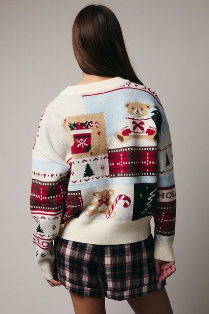 Patchwork Holiday Print Long Sleeve Knit Christmas Sweater - Sunday Edition - RARA Boutique 