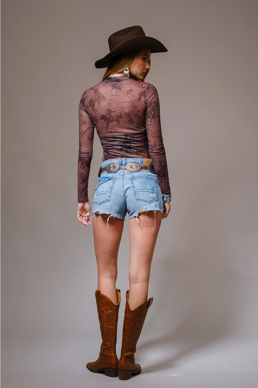 Western cowgirl print mesh long sleeve shirt in blue by RARA Boutique, featuring a mock neck and stylish design.