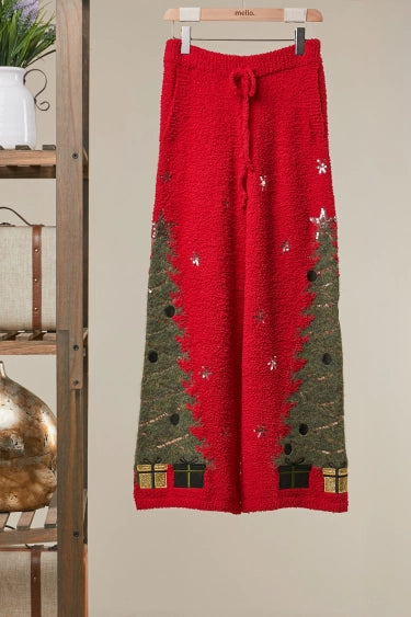 RARA Boutique Christmas Tree plush knit wide-leg lounge pants featuring festive holiday tree patterns and cozy fabric.