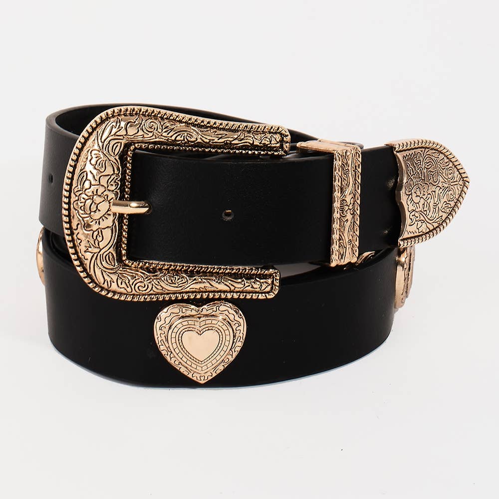 Western etched flower heart vegan leather belt with decorative floral and heart details, stylish accessory from Collections by Fame Accessories.