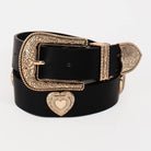 Western etched flower heart vegan leather belt with decorative floral and heart details, stylish accessory from Collections by Fame Accessories.