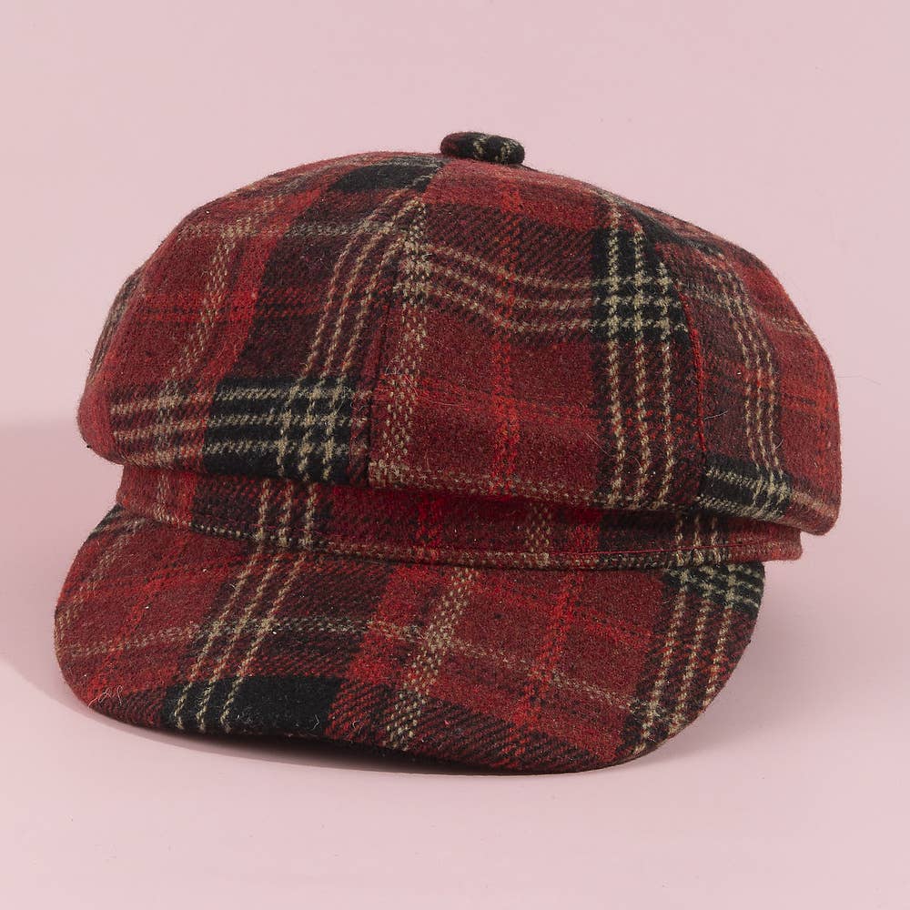 Tartan plaid eight-panel newsboy cap by Collections by Fame Accessories, featuring classic style and textured fabric.