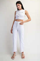 RARA Boutique twill patch pocket straight-leg cropped pants, beige color, with front patch pockets and a relaxed fit.
