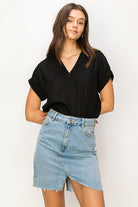 Collared Short Sleeve Linen Top - RARA Boutique 