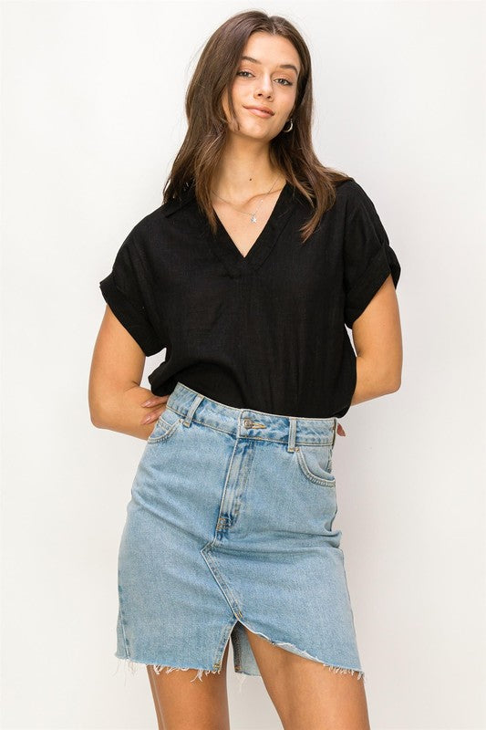 Collared Short Sleeve Linen Top - RARA Boutique 