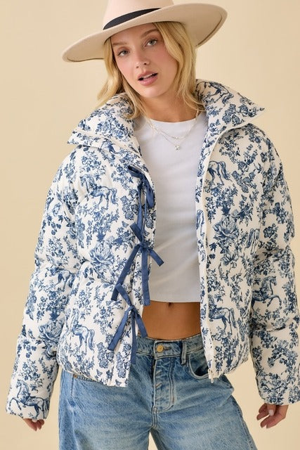 Vintage Horse Toile Print Puffer Jacket with Bows - Main Strip - RARA Boutique 