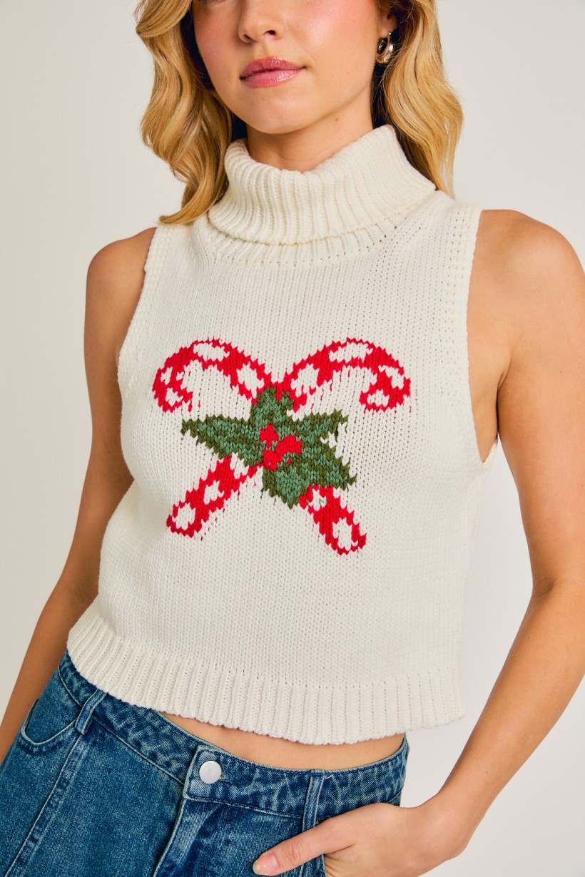 TURTLE NECK SLEEVELESS GRAPHIC SWEATER - RARA Boutique 