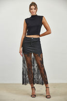 Layered denim lace contrast midi skirt by RARA Boutique featuring a stylish skirt with denim and lace details.