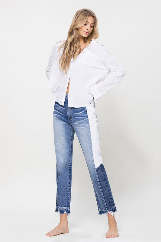 High Rise Jeans With Side Blocking Panel - VERVET by Flying Monkey - RARA Boutique 