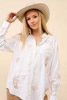 Western Cowgirl Embroidered Linen Button-Down Blouse - Blue B - RARA Boutique 