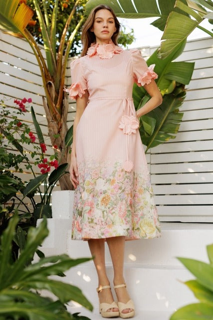 3D Floral Trim High Neck Short Sleeve Midi Dress - EB Luxe - RARA Boutique 