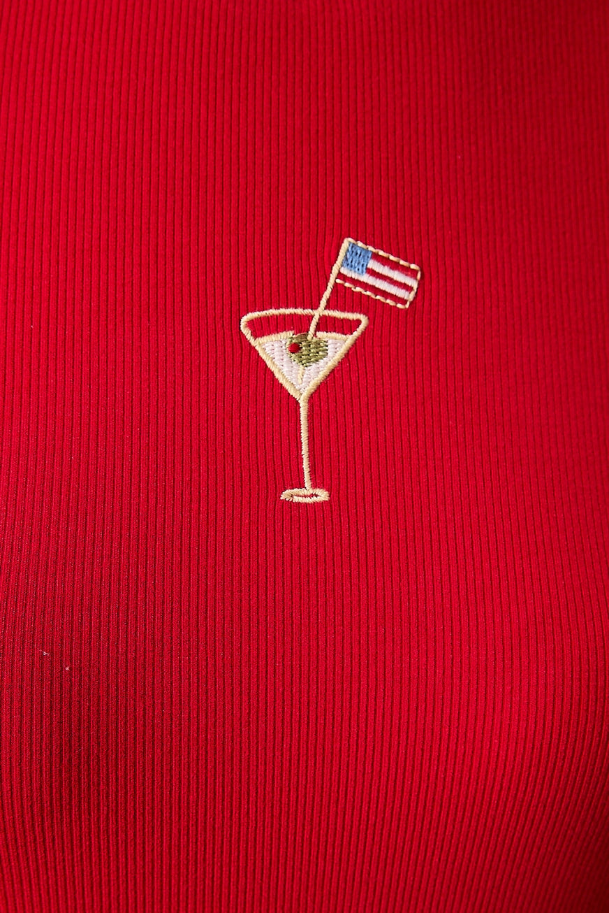 RARA Boutique embroidered American flag martini cocktail ribbed baby tee, casual shirt with patriotic flag design on front.