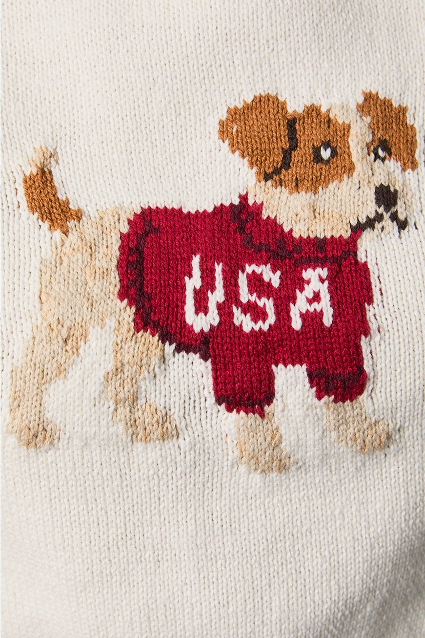 USA Dog graphic short-sleeve cropped sweater top by RARA Boutique, featuring a stylish dog design on a cozy sweater.