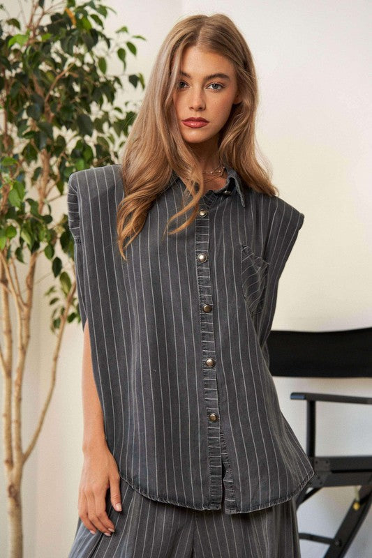 Striped Button Down Shirt and Wide Fit Pants Set - RARA Boutique 