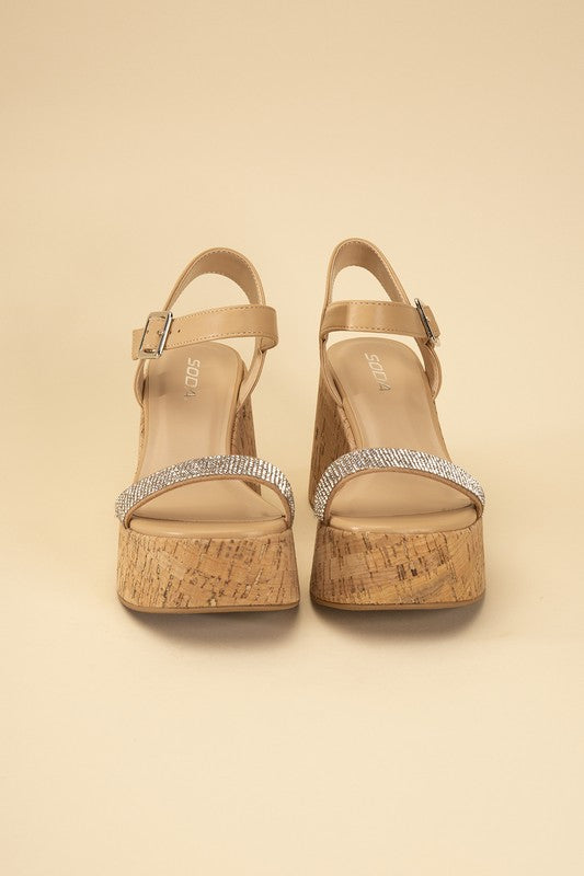 Rhinestone Strap Cork Wedges - RARA Boutique 