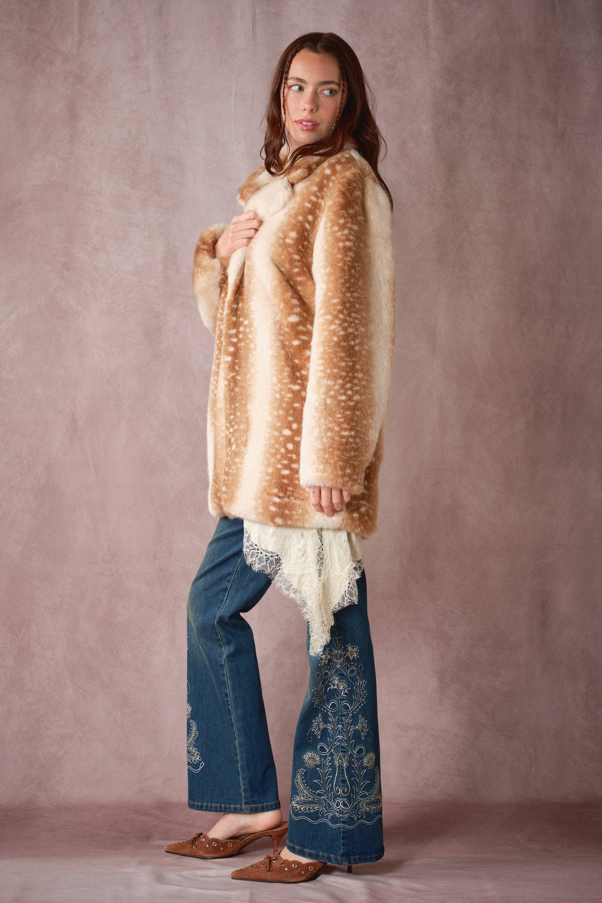 Blue B Deer Print Faux Fur Coat with soft, patterned faux fur and deer graphic design, stylish and cozy outerwear.