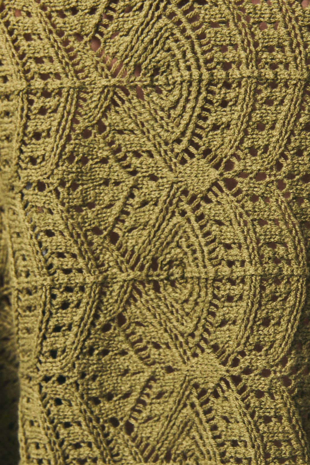 Long sleeve crochet cardigan by LE LIS featuring intricate knit patterns and a relaxed fit, displayed on a neutral background.