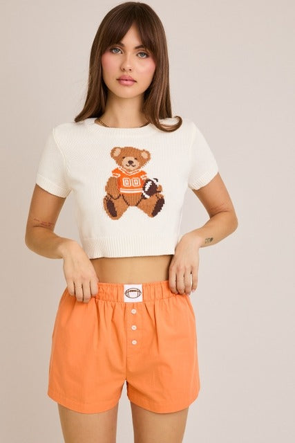 Short Sleeve Football Teddy Bear Sweater Crop Top - Le Lis - RARA Boutique 