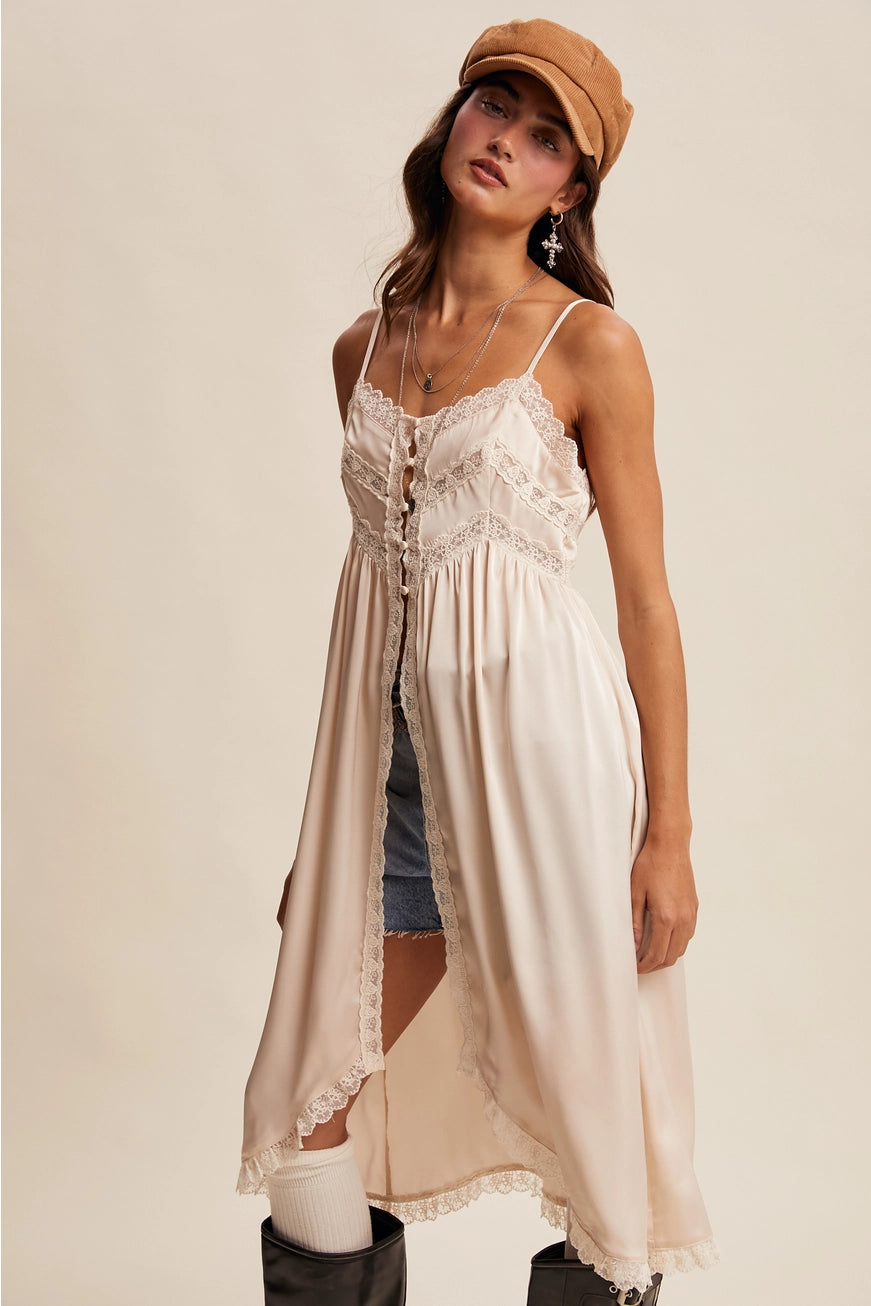RARA Boutique satin lace trim maxi cami top with delicate lace details and smooth satin fabric, shown in a stylish fit.
