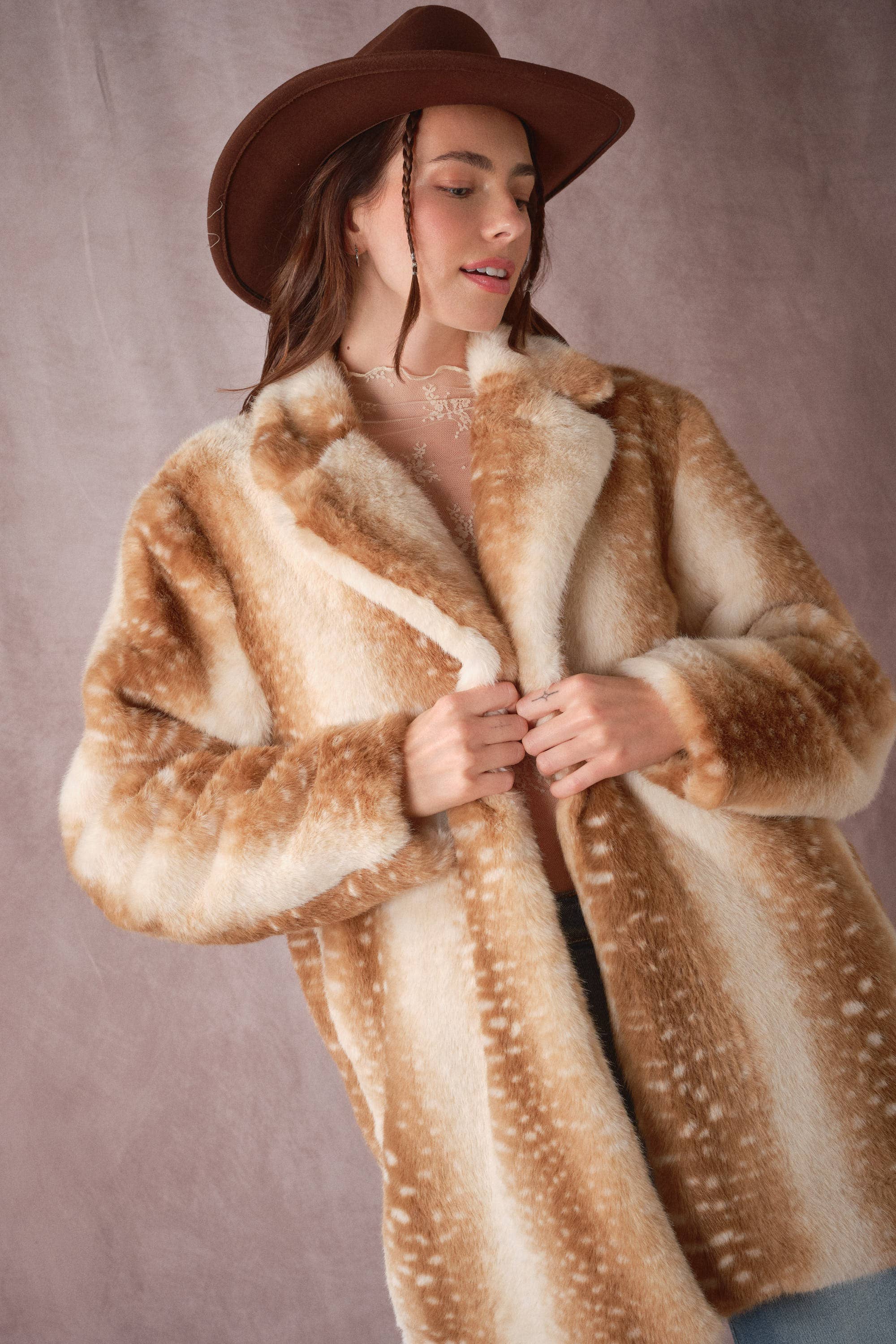 Blue B 25046J Deer Print Faux Fur Coat with soft, plush fur and deer pattern, stylish winter outerwear for cold weather.