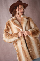 Blue B 25046J Deer Print Faux Fur Coat with soft, plush fur and deer pattern, stylish winter outerwear for cold weather.