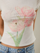 RARA Boutique boat neck floral graphic mesh blouse with long sleeves and lightweight, semi-sheer fabric, stylish and feminine.