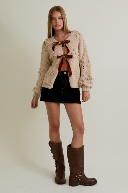 Velvet Bow Front Pom Pom Knit Chunky Cardigan - Le Lis - RARA Boutique 