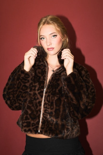 Plush Leopard Print Faux Fur Collared Zip Jacket - Le Lis - RARA Boutique 