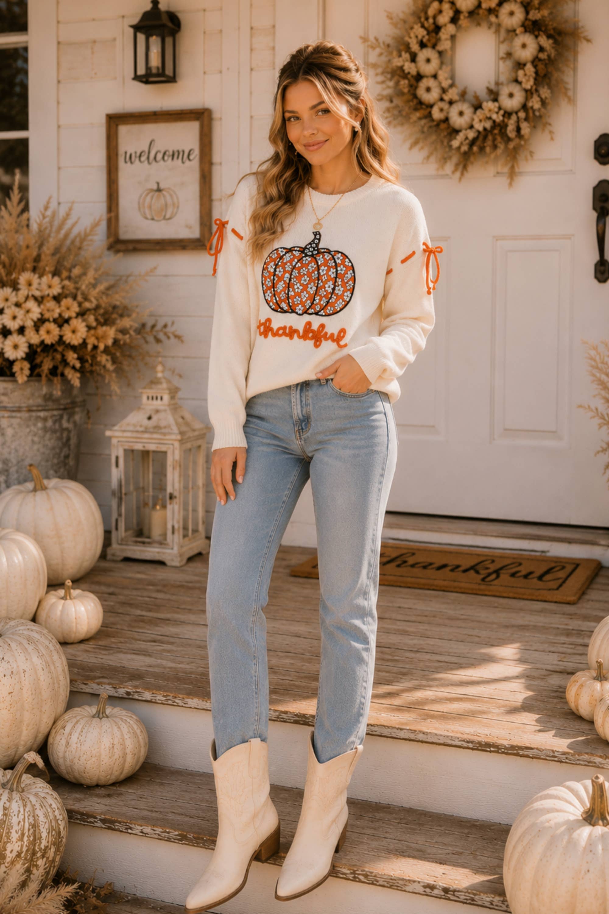 Main Strip thankful pumpkin graphic tie-sleeve sweater featuring fall-themed pumpkin design and stylish tie sleeves.