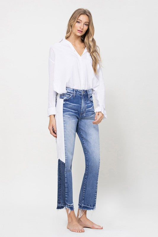 High Rise Jeans With Side Blocking Panel - VERVET by Flying Monkey - RARA Boutique 