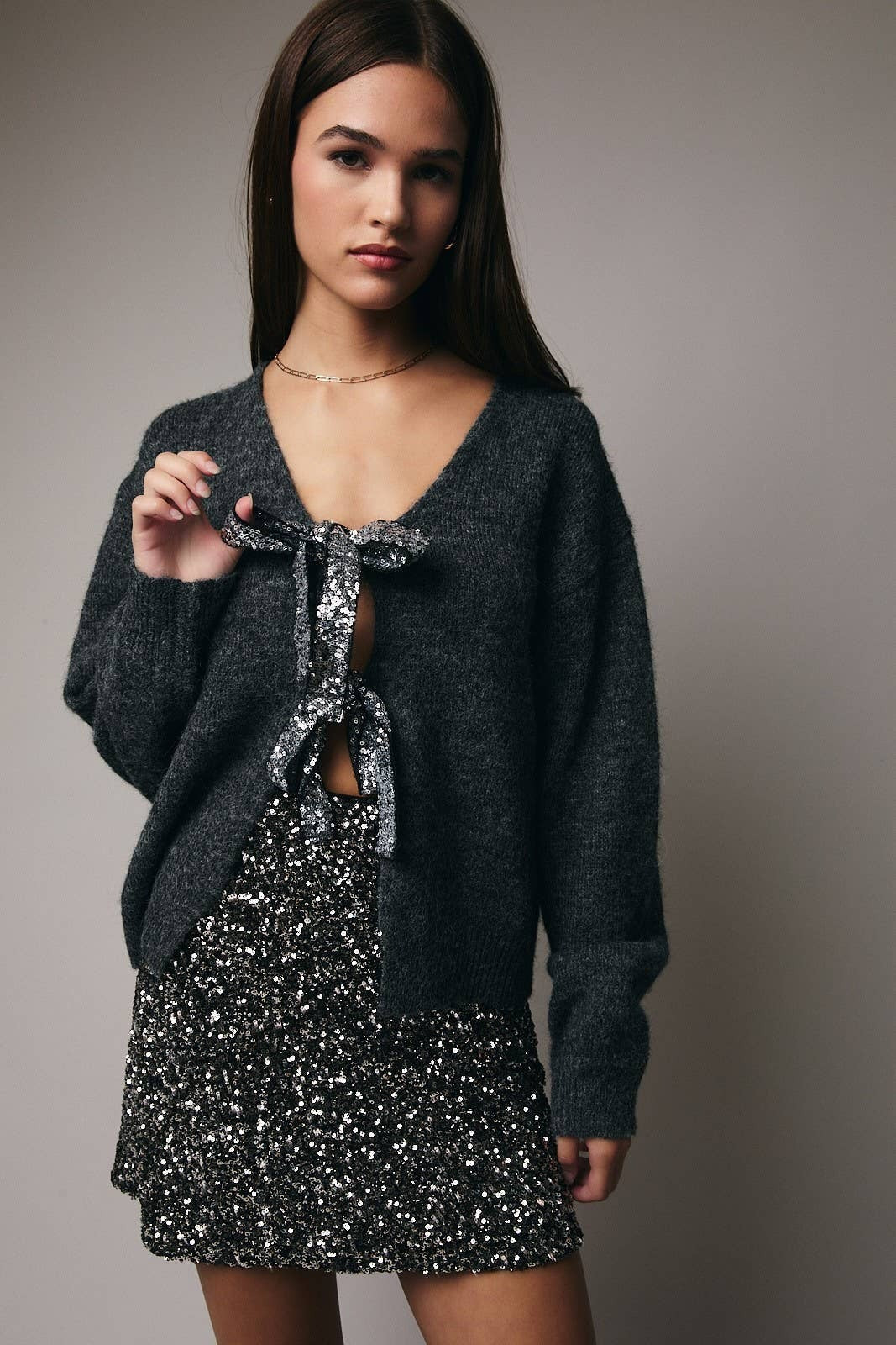 Sequin Tie Front Cardigan Sweater - Sunday Edition - RARA Boutique 