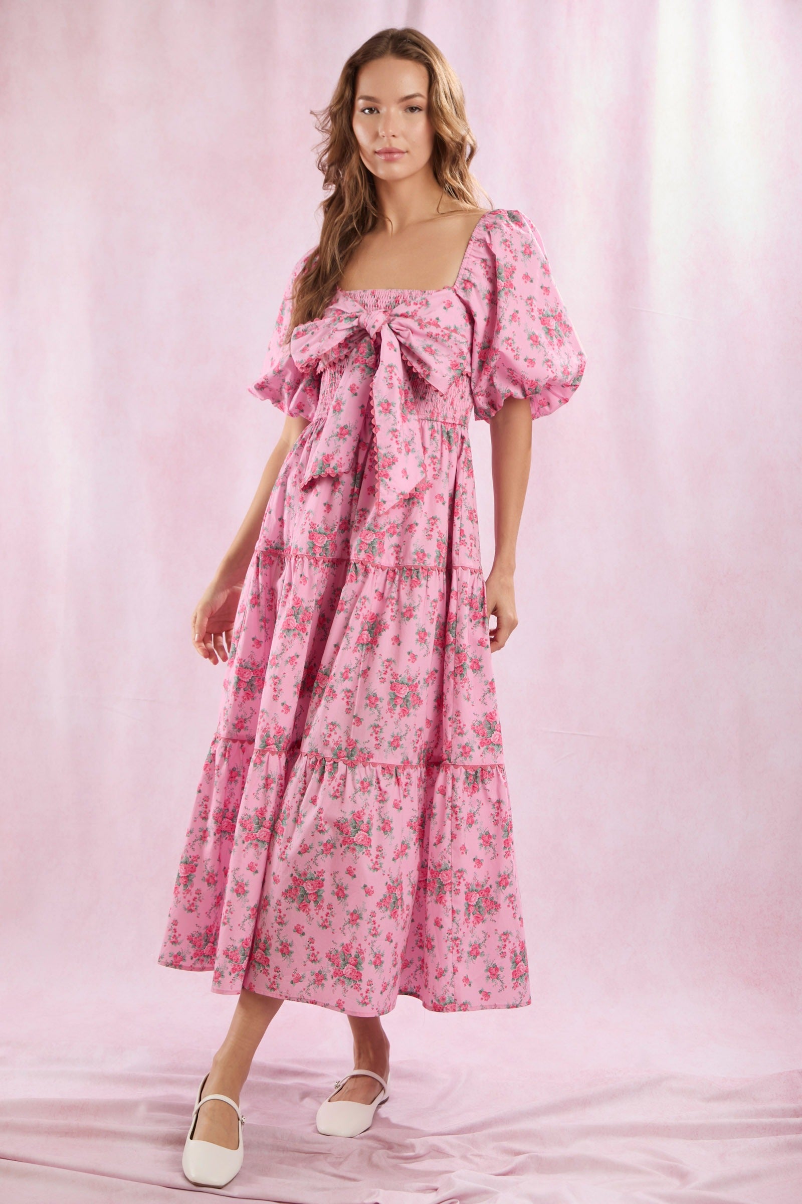 (Pre-Order) Floral Bow Front Puff Sleeve Tiered Maxi Dress - Peach Love - RARA Boutique 