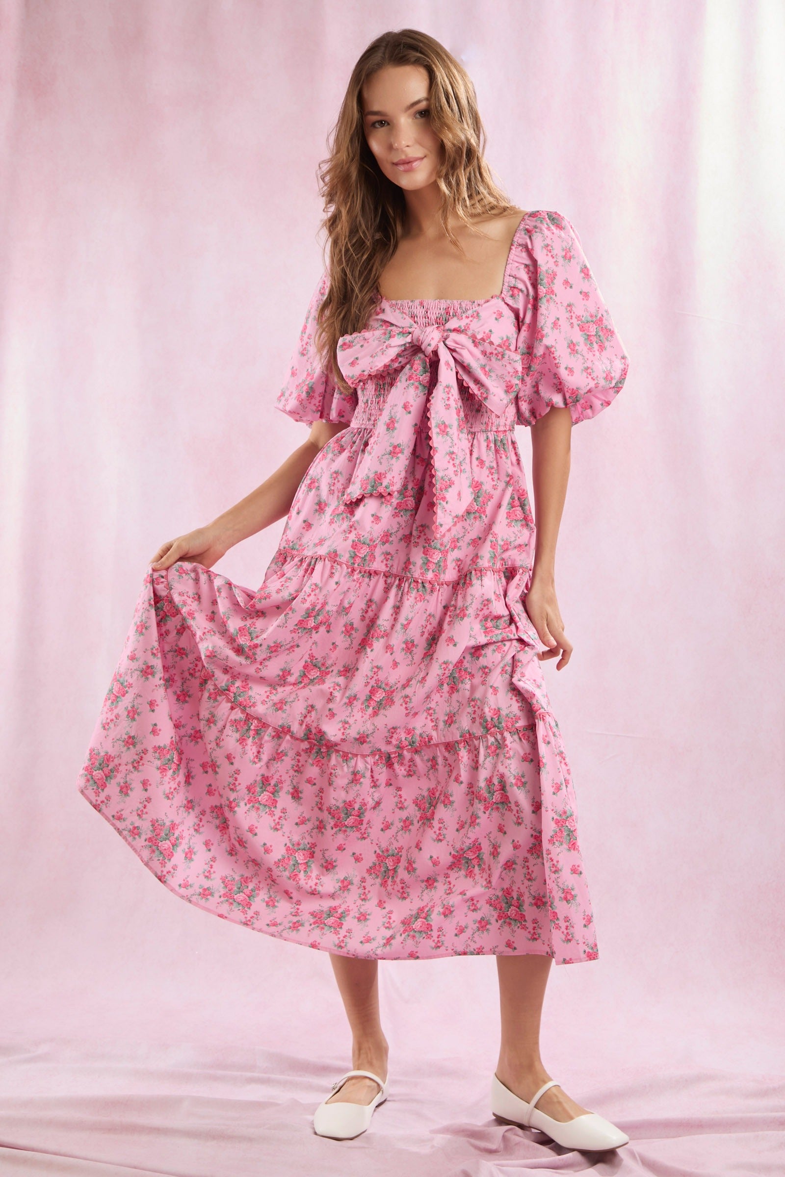 (Pre-Order) Floral Bow Front Puff Sleeve Tiered Maxi Dress - Peach Love - RARA Boutique 