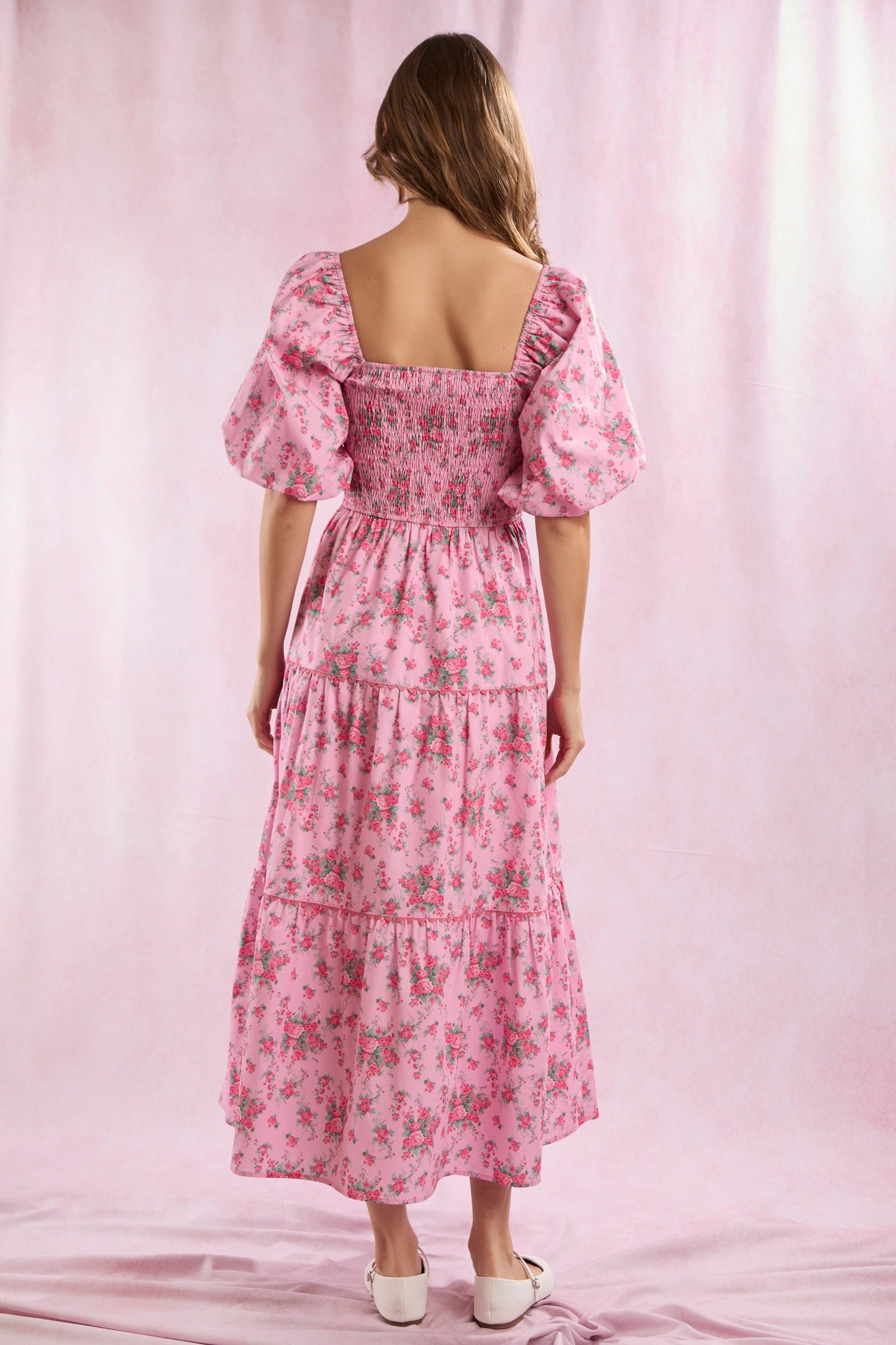 (Pre-Order) Floral Bow Front Puff Sleeve Tiered Maxi Dress - Peach Love - RARA Boutique 